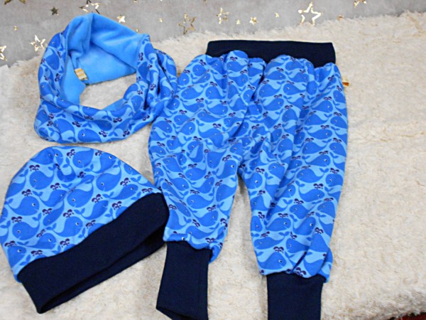 Mitwachs-Hose, Mütze und Halstuch (aus Jersey, Größe 84 bis 104)
